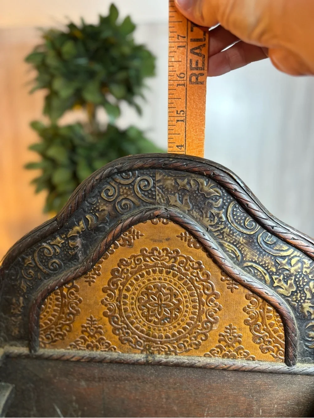 Vintage Spanish Revival Embossed Metal and Wood Wall Pocket Decor
